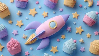Pastel-colored cupcakes, stars, and a rocket ship on a light blue background
