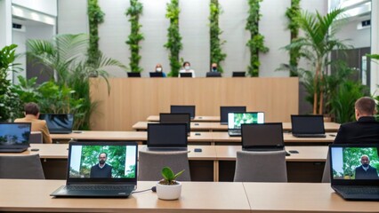 Fototapeta premium A modern conference room featuring laptops displaying a video call, surrounded by greenery, promoting a fresh and collaborative atmosphere.