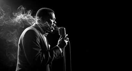 Male singer performing with microphone and smoke in black and white  
