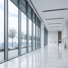 Fototapeta premium Modern office corridor with large windows and reflective floor