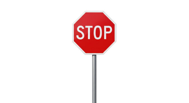 Red octagonal stop sign on a gray pole against a white background.