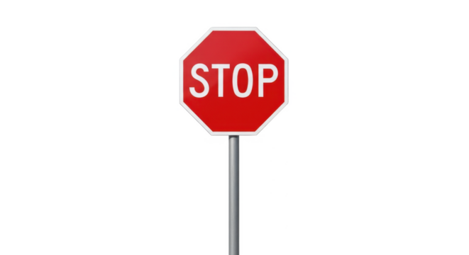 Red octagonal stop sign on a gray pole against a white background.