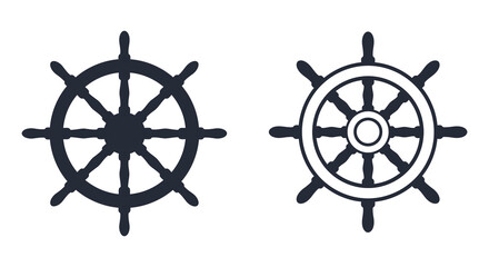 Two ship steering wheels in black and white on plain background