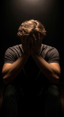 Depressed man sitting in dark room, covering face