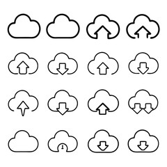 Fototapeta premium Cloud computing icons set a collection of simple line art symbols for data storage, uploading, and downloading
