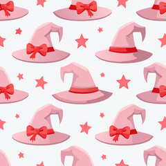 Seamless vector pattern with hand drawn witch hat with red bow. Pink magic cap background. Coquette halloween texture for wallpaper, wrapping paper, textile