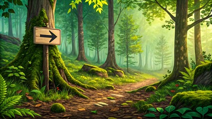 Sunlit forest path with wooden arrow sign pointing right surrounded by green trees moss and peaceful nature hiking trail scene