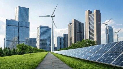 A modern cityscape featuring skyscrapers, wind turbines, and solar panels in a green environment, showcasing renewable energy and urban sustainability.