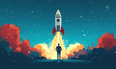 Vector illustration of rocket launch with person watching excitedly, flat design with vibrant colors, starry night sky and futuristic space theme for inspiration, innovation, and technology concepts