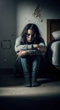Depressed woman sitting on floor, damaged room, despair background
