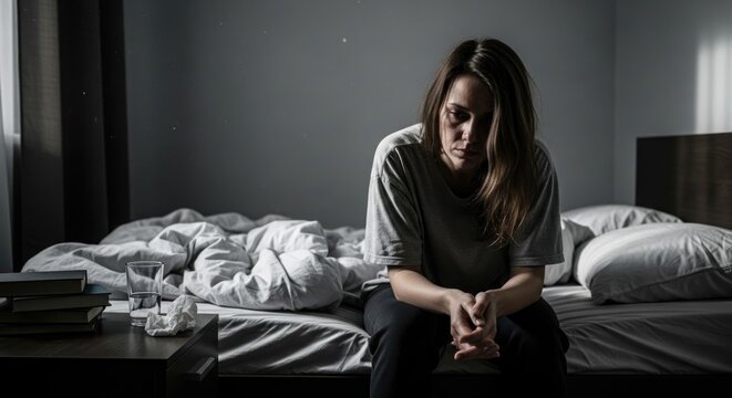 Depressed woman sitting on bed, bedroom, books and glass on nightstand,  depiction of sadness