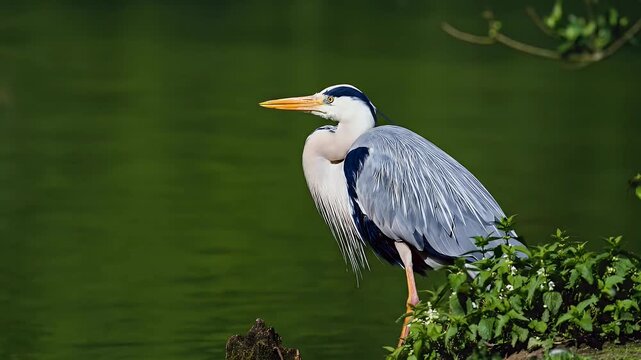A detailed close-up of a grey heron standing calmly in a river