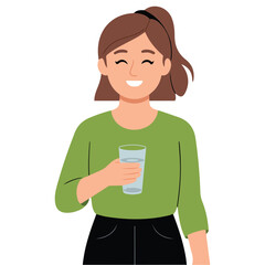 Woman promoting hydration by holding a glass of water flat vector illustration isolated on white background