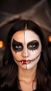 Woman applying halloween face paint with half skull and vampire makeup design, generative ai.
