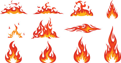 Bright fiery flame illustrations, burning fire icons, blazing fire graphics, vector fire elements, fire clipart for design and branding