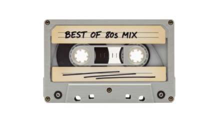 A vintage gray and beige audio cassette tape, displaying the title "Best of 80s Mix".