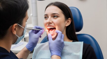 Professional Dentist Performing a Modern Dental Examination or Treatment on a Patient in a Dental Chair, Featuring Sterile Gloves and Tools in a Clean Clinic Setting, Perfect for Healthcare