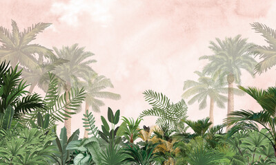 Fototapeta premium Tropical Palm Trees Background Watercolor Illustration, Exotic Jungle Landscape