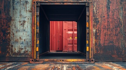 A red and blue rusty metal container with a red door open, revealing a red shipping container inside.
