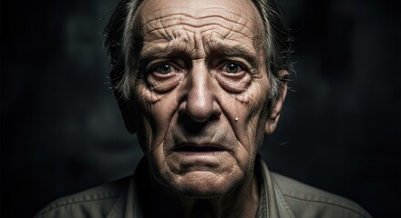 Obraz premium Elderly Man's Fearful Expression in Dark Studio