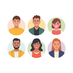 Collection of diverse business people avatars, professional profile icons, smiling faces, teamwork concept, social media portraits, corporate communication, flat design character illustration.