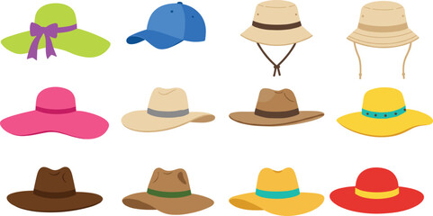 Collection of various stylish hats, summer hats, cowboy hats, wide brim hats, bucket hats, fashion accessories, outdoor wear