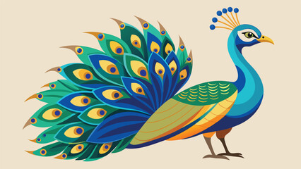 Obraz premium A vibrant peacock displaying its colorful feathers, showcasing intricate patterns on its back against a neutral background..eps