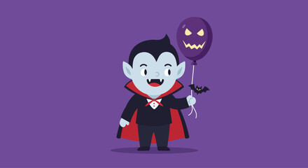 This Flat Design illustration depicts a happy little vampire kid character, complete with a cape and fangs, joyfully holding a tiny, non-scary bat-shaped balloon. It's a delightful and child-friendly 