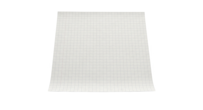 A sheet of white graph paper, slightly curled, isolated on white background.