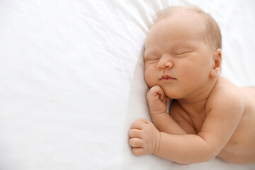 Cute newborn baby sleeping on bed, space for text