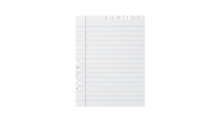 A single sheet of lined paper with a red margin, torn from a notebook, isolated on a white background.