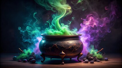 A witchs cauldron bubbles with a magical potion, emitting colorful smoke
