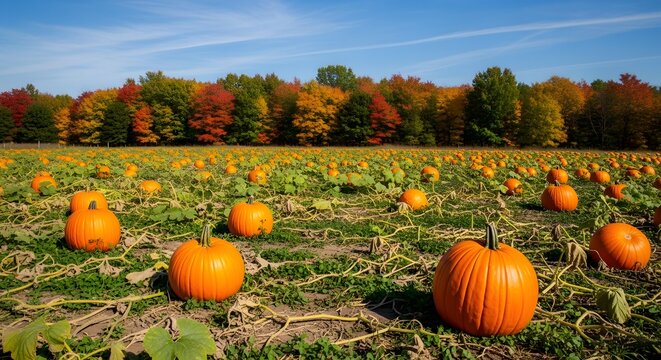 Vast pumpkin patch under a clear blue sky with colorful autumn trees in the background
