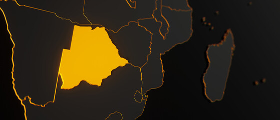 Golden Botswana 3d map surrounded with other countries in black with golden borders and shallow dof. Africa political map with borders