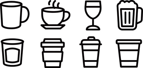 Set of various drink and beverage container vector icons, featuring cups, glasses, mugs, and takeaway coffee cups on a white background.