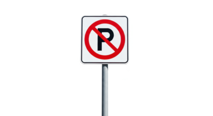 A no parking sign with a red circle and a black "P" on a white background, mounted on a pole.