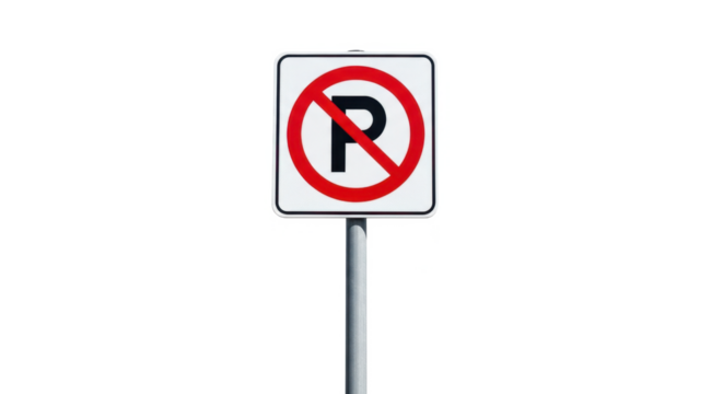 A no parking sign with a red circle and a black "P" on a white background, mounted on a pole.