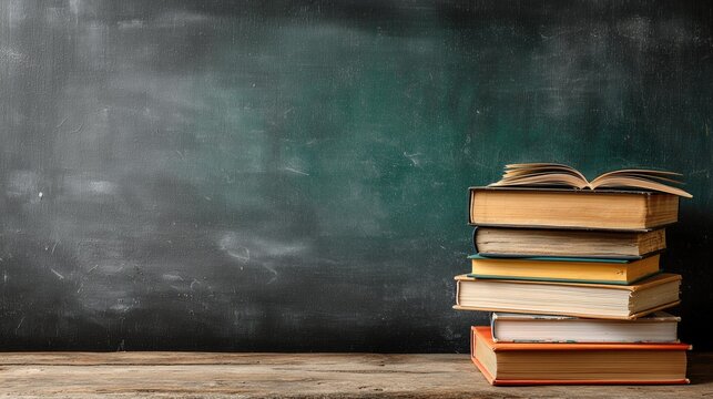 Stack of old books on wooden table against chalkboard background, symbolizing education, study, and academic knowledge, ideal for back to school and educational design.