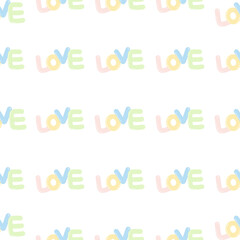 Seamless pastel pattern of the word “LOVE” in playful colors. Cheerful and cute design suitable for Valentine’s, cards, and decorative prints.