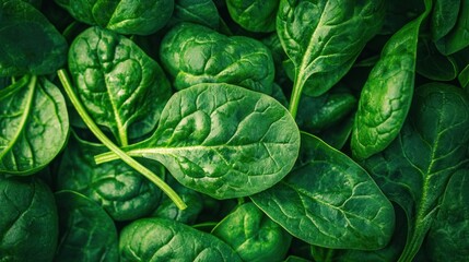 A vibrant green spinach leaf with a textured surface, set against a dark green background.