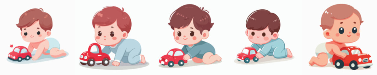 Cute Cartoon Toddler Crawling with Car Toy Illustration Characters Collection