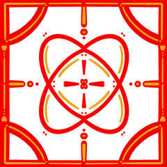 Bold red and orange geometric pattern with symmetrical lines and circular shapes. A modern abstract background for graphic design and decorative prints.