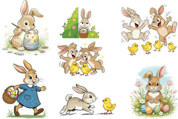 Cute Easter bunny characters painting eggs, playing with chicks, spring holiday rabbit scenes, festive cartoon illustration set, adorable vector art design
