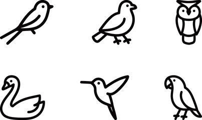 Set of cute and simple bird vector icons, featuring various species like a sparrow, owl, swan, and hummingbird on a white background.