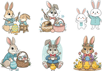 Cute Easter bunny characters with eggs, basket, chicks, spring flowers, festive holiday illustration set, adorable cartoon rabbit vector art design