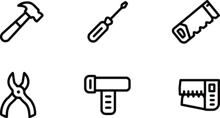 Collection of common household and construction tools vector icons, featuring a hammer, screwdriver, saw, and pliers, for DIY and repair projects.