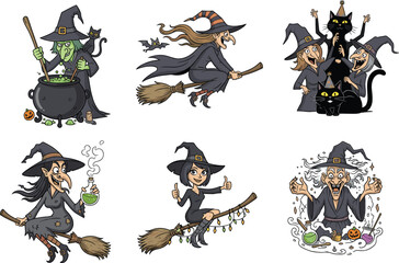 Naklejka premium Cartoon witch characters flying on broom, cooking potion, Halloween black cat, funny sorceress illustration set, spooky magic fantasy vector design