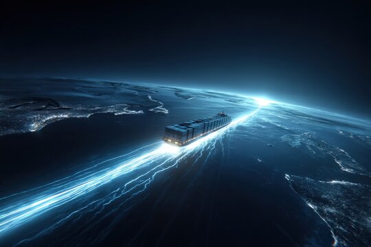 Futuristic cargo ship traversing the globe