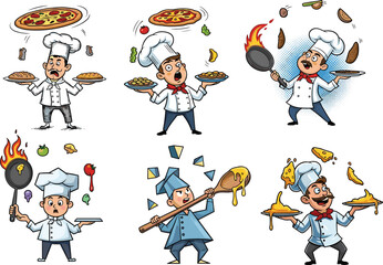 Funny cartoon chef characters juggling pizza, cooking utensils, kitchen food, fire, comedy cooking scenes, humorous restaurant pizzeria vector illustration set