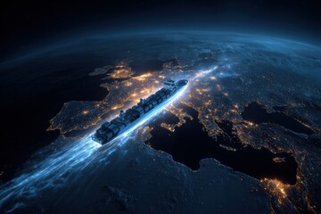 Cargo ship traversing Europe above a stylized Earth map at night